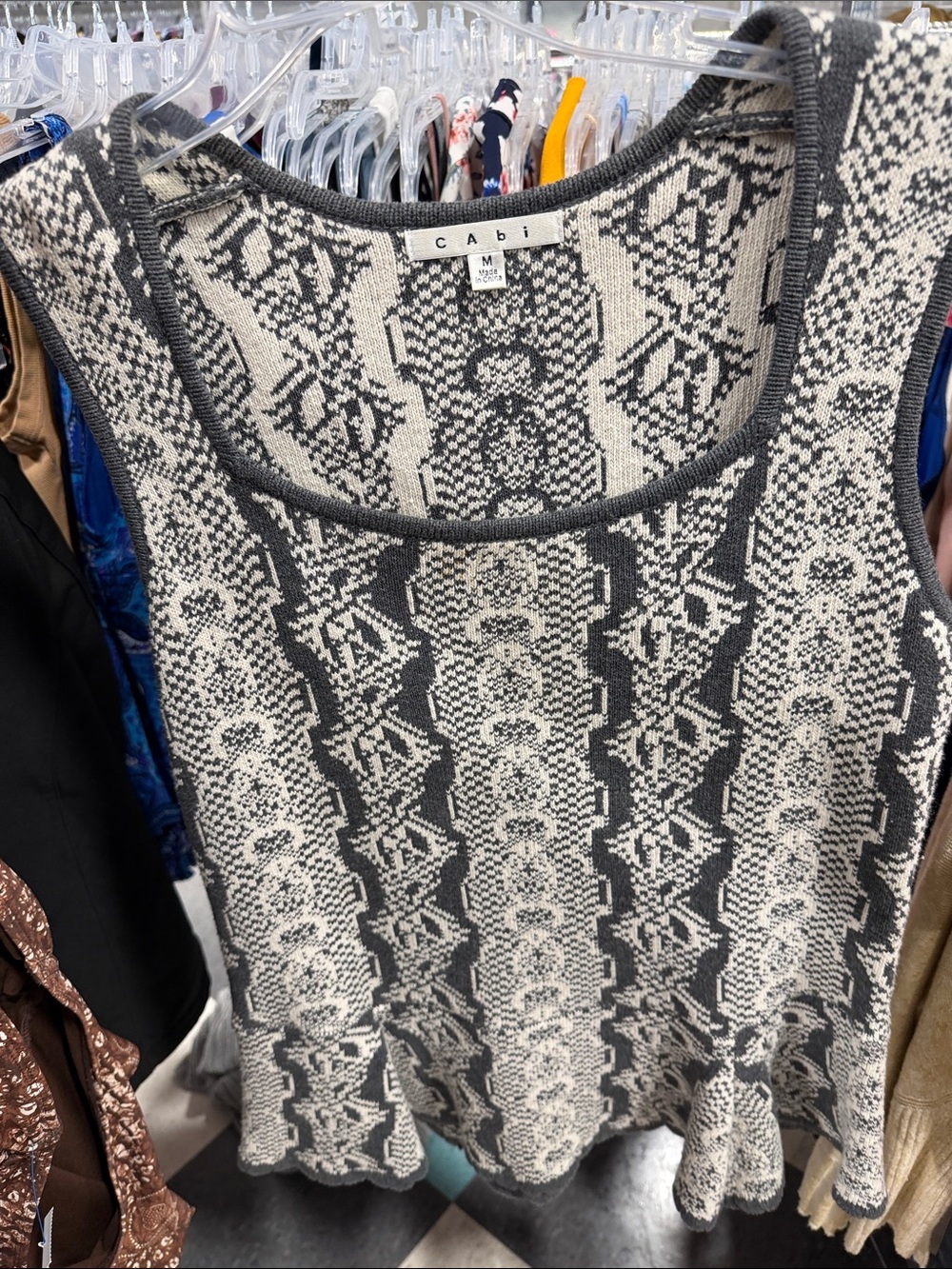 CAbi Gray & Cream Jacquard Knit Tank